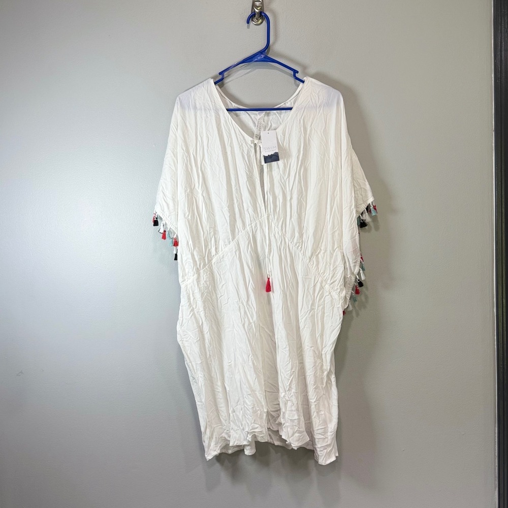 Swim by Cacique White Tassel Trim Kaftan Swim Cover Up Dress Plus Size 22/24 NEW